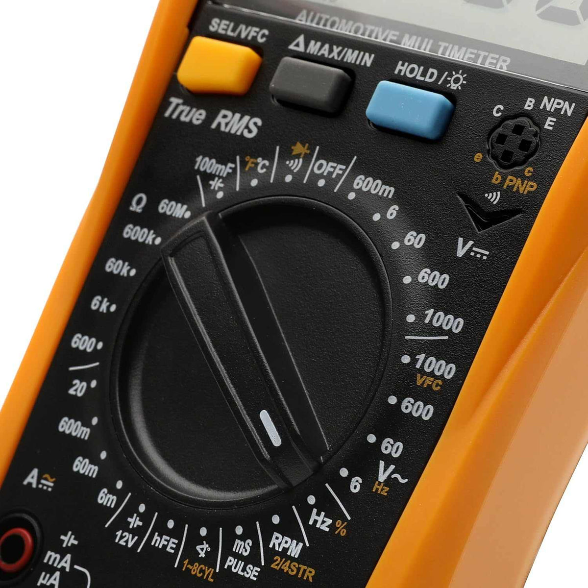 Close-up detail of the GEARWRENCH GWDM107 automotive multimeter selection dial, highlighting the various measurement settings, True RMS label, and rubberized function buttons.