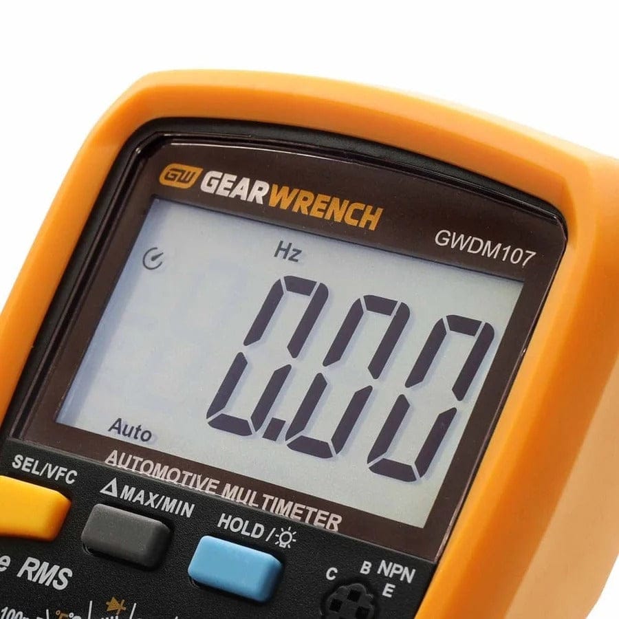 Close-up of the GEARWRENCH GWDM107 digital multimeter large LCD backlight display screen showing a clear digital reading of 0.00 below the brand logo.