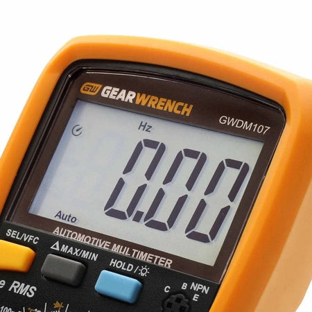 Close-up of the GEARWRENCH GWDM107 digital multimeter large LCD backlight display screen showing a clear digital reading of 0.00 below the brand logo.