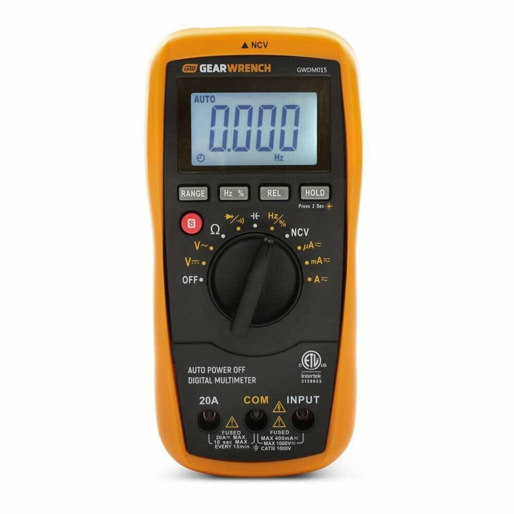 GEARWRENCH GVDM0415 digital multimeter with yellow casing, rotary switch, and display showing 0.000 Hz in AUTO mode, used for measuring electrical parameters.