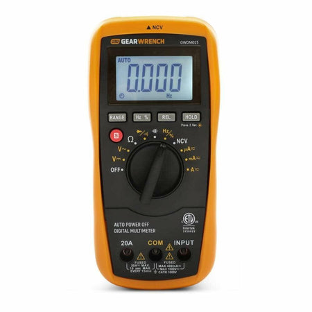 GEARWRENCH GVDM0415 digital multimeter with yellow casing, rotary switch, and display showing 0.000 Hz in AUTO mode, used for measuring electrical parameters.
