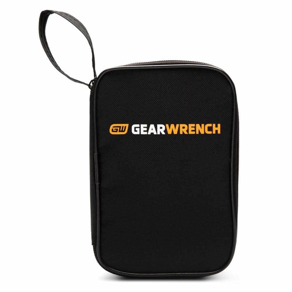 Black zippered GEARWRENCH carrying case with wrist strap and branded logo, designed for storing and transporting tools or electronic equipment.