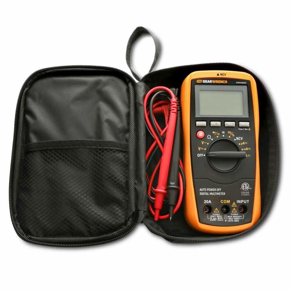 GEARWRENCH digital multimeter stored in a zippered case with red and black test probes, rotary dial, and mesh pocket for accessories.