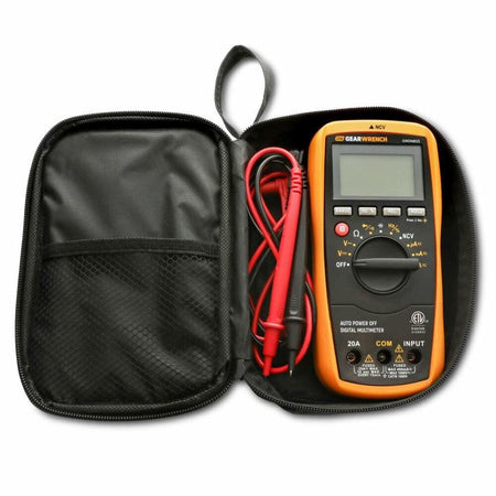 GEARWRENCH digital multimeter stored in a zippered case with red and black test probes, rotary dial, and mesh pocket for accessories.
