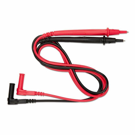 Pair of multimeter test leads with red and black insulated wires, metal probes, and right-angle connectors for electrical measurement tasks.
