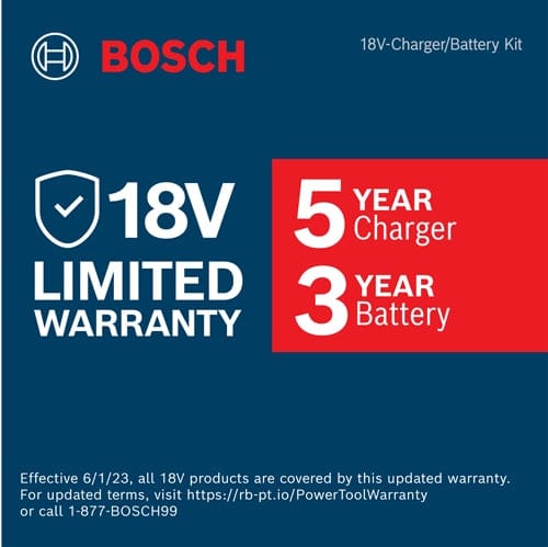 A promotional graphic stating that Bosch 18V charger and battery kits are covered by a limited warranty, offering 5 years for the charger and 3 years for the battery.