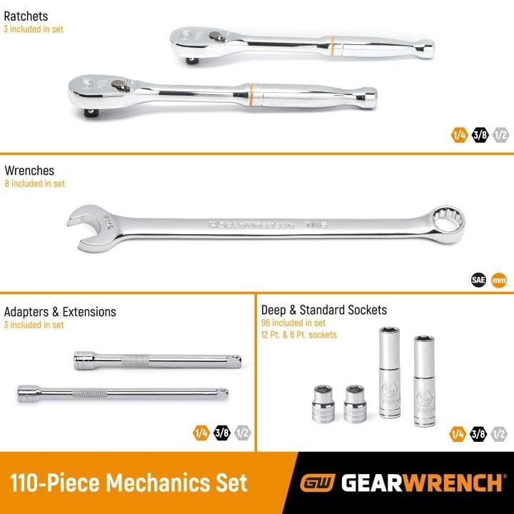A feature callout image of the GearWrench 110-piece set, showing the included ratchets, wrenches, adapters, extensions, and sockets.