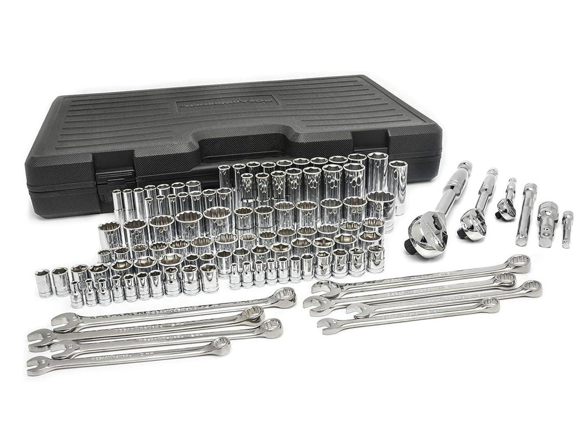 The complete GearWrench 89058 110-piece mechanics tool set, including the storage case, ratchets, combination wrenches, and all standard and deep sockets, is laid out for display.