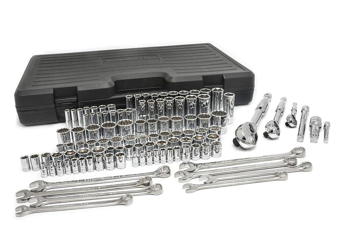 The complete GearWrench 89058 110-piece mechanics tool set, including the storage case, ratchets, combination wrenches, and all standard and deep sockets, is laid out for display.