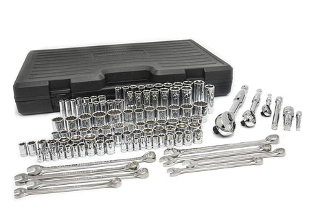 The complete GearWrench 89058 110-piece mechanics tool set, including the storage case, ratchets, combination wrenches, and all standard and deep sockets, is laid out for display.