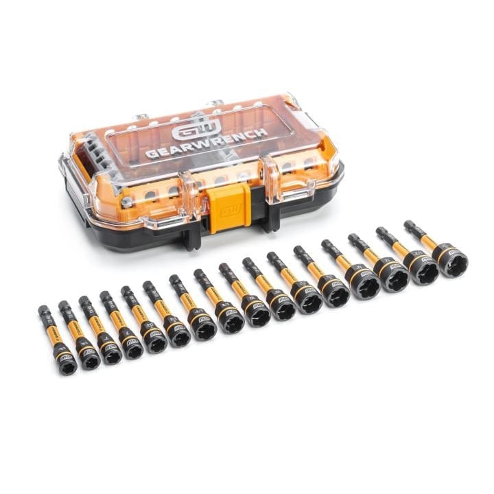 GearWrench socket set displayed in front of a black and orange case with 16 labeled sockets arranged in a row, suitable for SAE and metric fastener removal tasks.