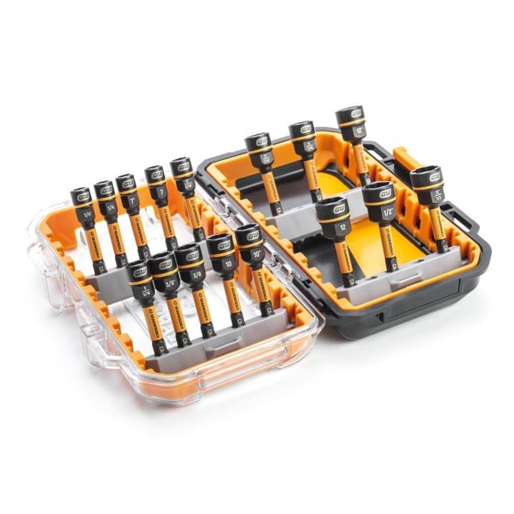 GearWrench socket set organized in a dual-compartment case with labeled SAE and metric sockets arranged by size, designed for impact-ready fastener removal.