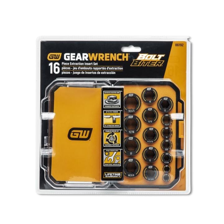 Packaged GearWrench Bolt Biter 16-piece insert set with labeled sizes and lifetime warranty in yellow and black case.