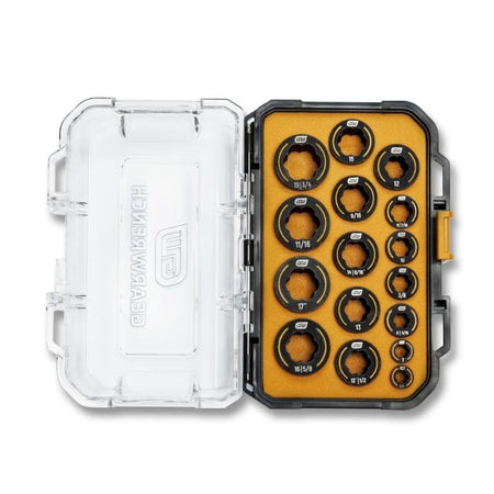 GearWrench Bolt Biter socket set with 15 labeled extraction sockets in gold tray; transparent lid with logo.