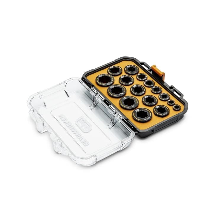Open DEWALT socket set with 13 sockets in black and orange tray; transparent lid embossed with brand name.