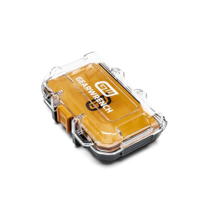 Compact GearWrench-branded transparent case with yellow interior and black base for tool storage and organization.