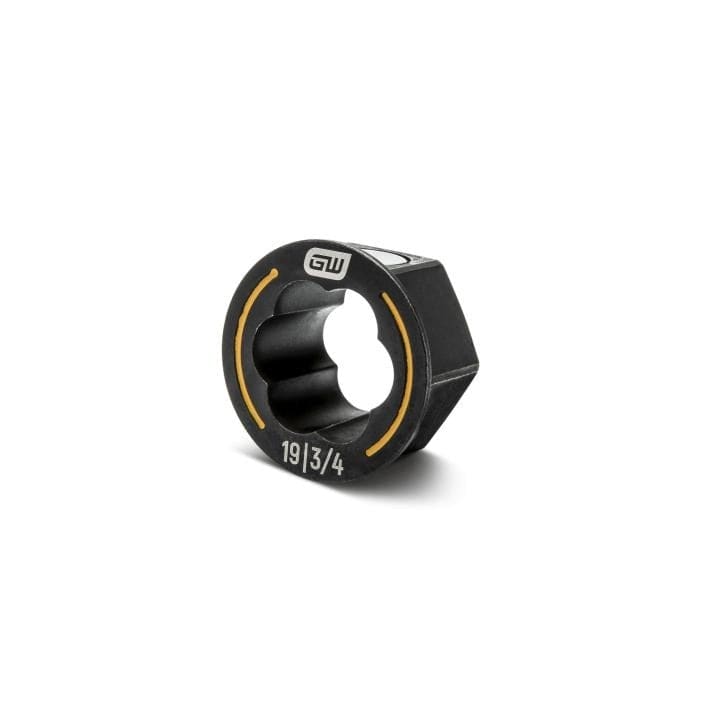 Black wrench insert labeled “19 | 3/4” with toothed inner ring and hex outer shape; marked “GW” on top.