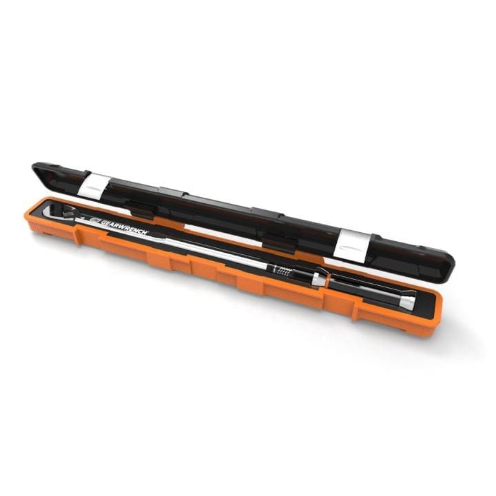 GearWrench micrometer torque wrench stored inside a protective orange carrying case with black foam interior and silver latches. Case designed for secure transport and tool protection. Ideal for technicians and mechanics requiring precision torque tools in mobile or shop environments.