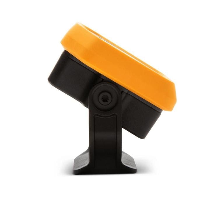 GearWrench LED shop light with yellow bezel and black body mounted on an adjustable black stand, angled upward for directional illumination in workshop settings.