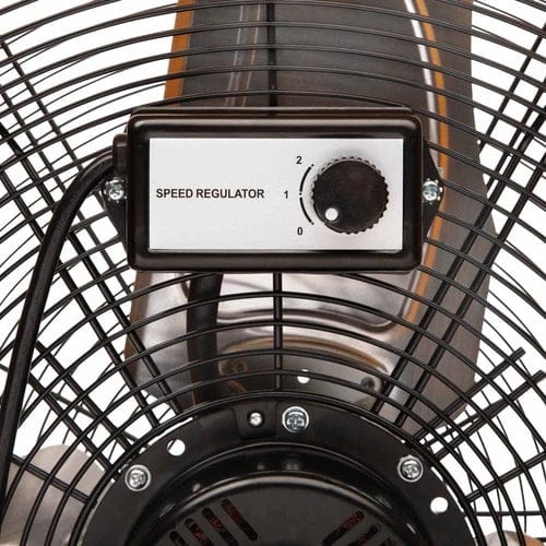 Close-up of the GearWrench shop fan’s speed regulator mounted on the protective grill. The dial shows three settings labeled “0,” “1,” and “2” for adjustable airflow control