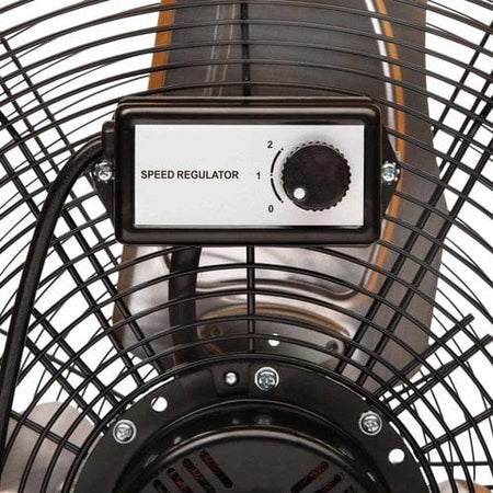 Close-up of the GearWrench shop fan’s speed regulator mounted on the protective grill. The dial shows three settings labeled “0,” “1,” and “2” for adjustable airflow control