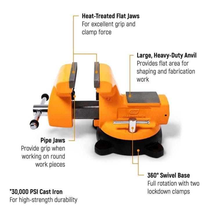 Labeled diagram of an orange and black GearWrench bench vise highlighting heat-treated jaws, anvil surface, pipe jaws, swivel base, and cast iron body.