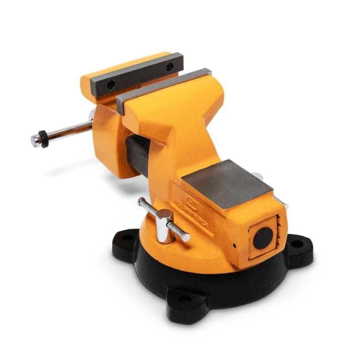 Yellow and black bench vise mounted on a circular base with three mounting holes, featuring textured jaws and a rotating handle.