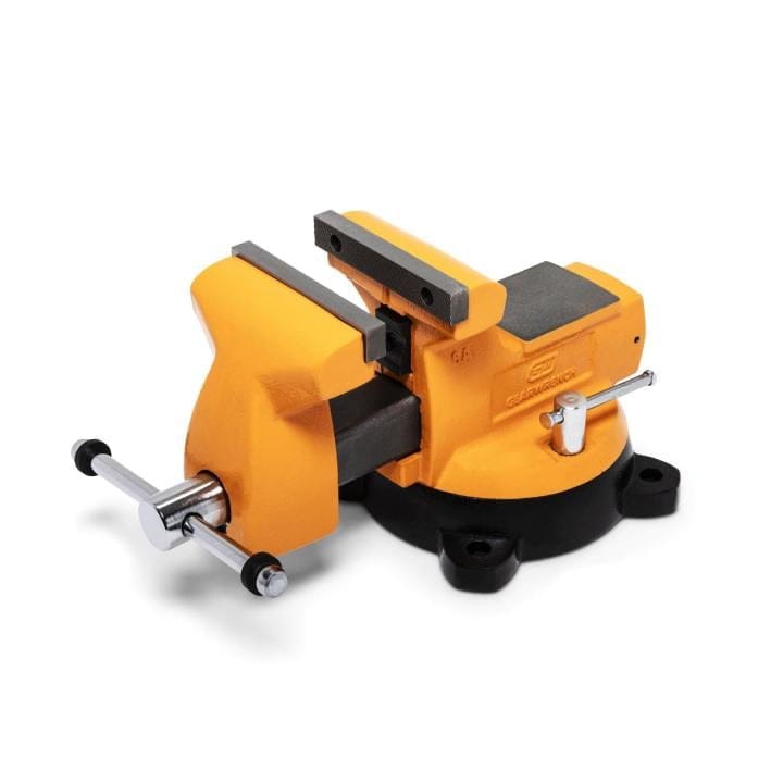 Heavy-duty orange and black GearWrench bench vise with rotating base and mounting holes, designed for metalworking and fabrication tasks.