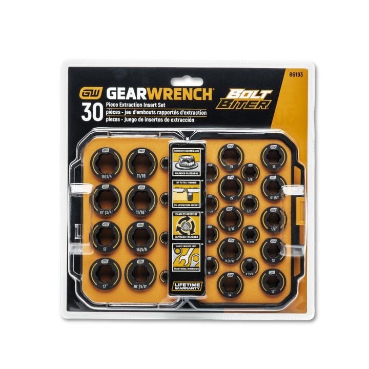 Packaged GearWrench Bolt Biter 30-piece insert set with labeled sockets visible through clear plastic cover, featuring multilingual branding and product info.