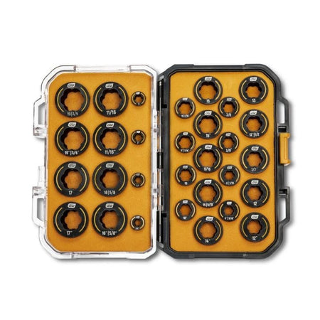 Open Bolt Biter socket set case with metric sizes on the left and imperial sizes on the right, each socket labeled for easy identification