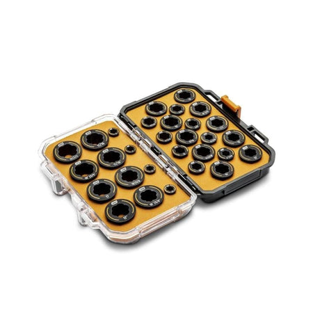 Open Bolt Biter case showing black and silver sockets arranged in two rows, labeled with both metric and SAE sizes for fastener compatibility.