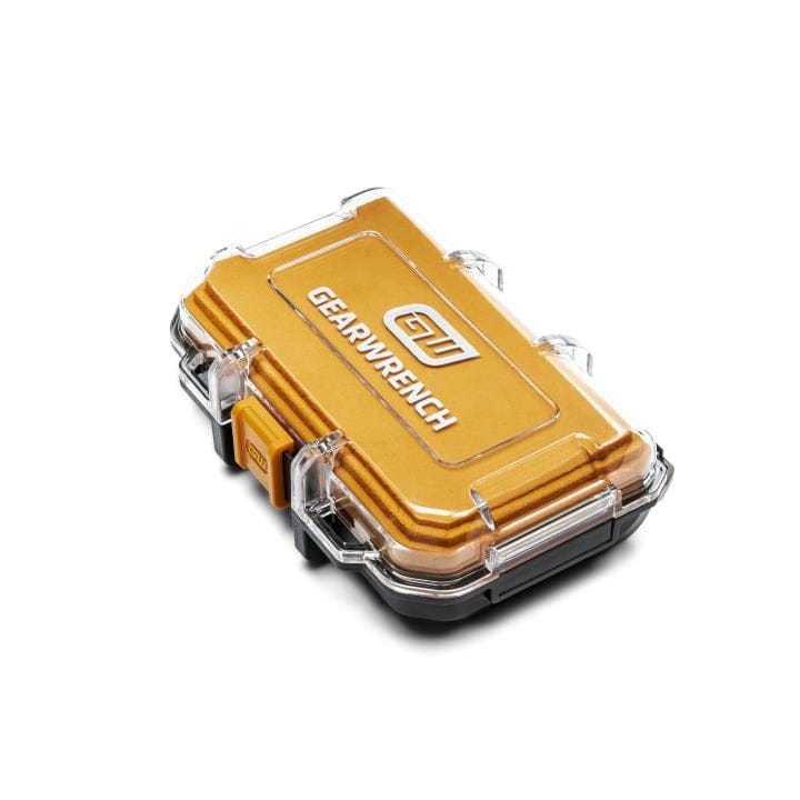 Compact GearWrench-branded hard-shell case with transparent lid and gold body, designed for storing Bolt Biter inserts securel