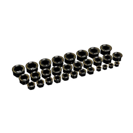 Row of black and gold GearWrench Bolt Biter sockets organized by size, ranging from small to large, displayed for easy selection.