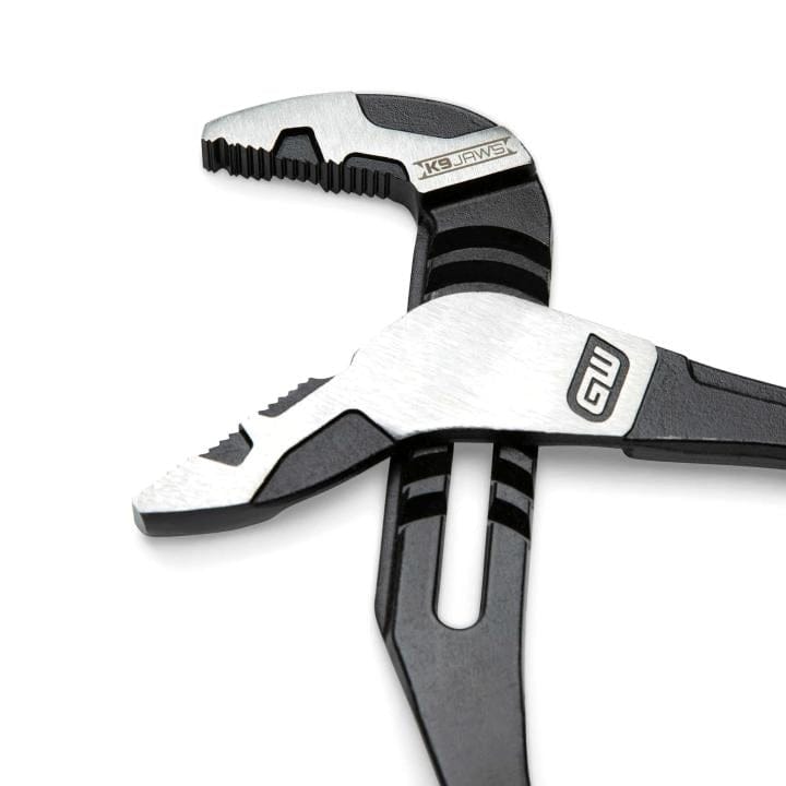Close-up of GearWrench pliers featuring serrated K9 JAWS and a black and silver finish. The ergonomic handle includes a stylized “GW” logo, emphasizing grip strength and industrial-grade design.
