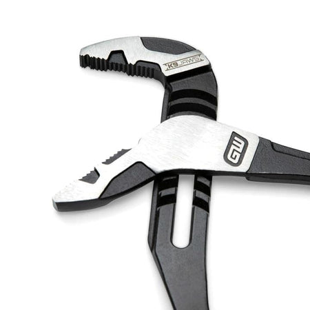 Close-up of GearWrench pliers featuring serrated K9 JAWS and a black and silver finish. The ergonomic handle includes a stylized “GW” logo, emphasizing grip strength and industrial-grade design.