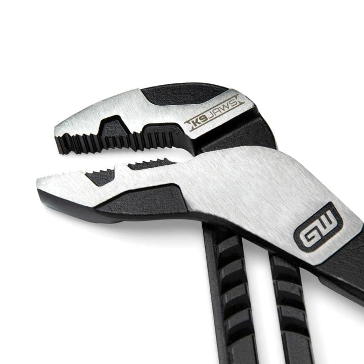 GearWrench adjustable pliers with serrated jaws and a slip joint mechanism, shown in close-up. The handle and jaw are labeled “GW” and “K9 Jaws,” highlighting grip technology and branding.