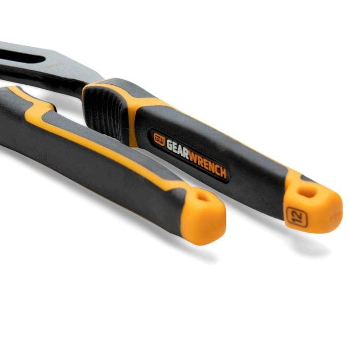 Close-up of a GearWrench straight jaw plier with black and orange ergonomic handles. The handle displays the GearWrench logo and the number “12,” indicating tool size or model.