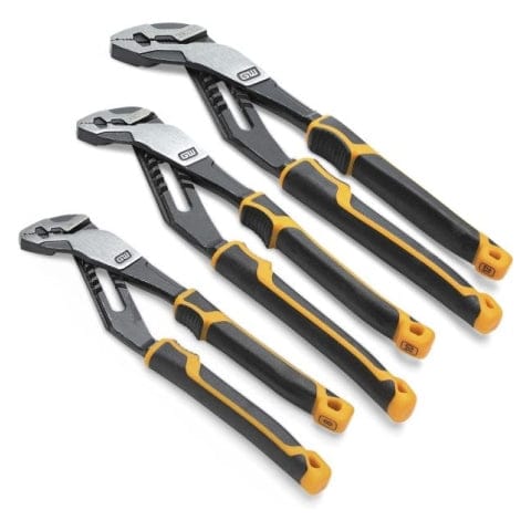 Set of three GearWrench adjustable groove joint pliers arranged by size, featuring black and silver jaws with black and yellow ergonomic handles. Designed for high-leverage gripping and turning tasks in plumbing and mechanical work.