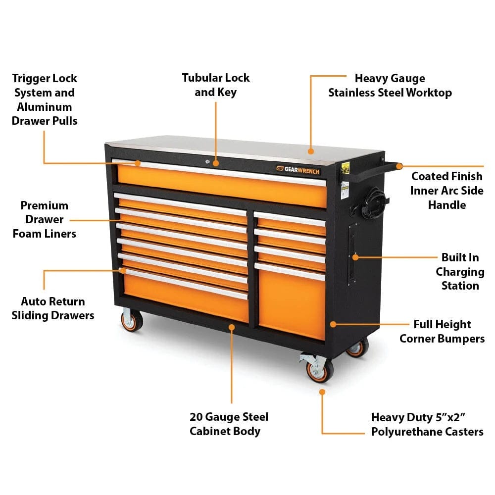 GearWrench rolling tool cabinet with labeled features including trigger lock drawers, stainless steel worktop, built-in charging station, foam liners, and heavy-duty casters, designed for secure and mobile tool storage.