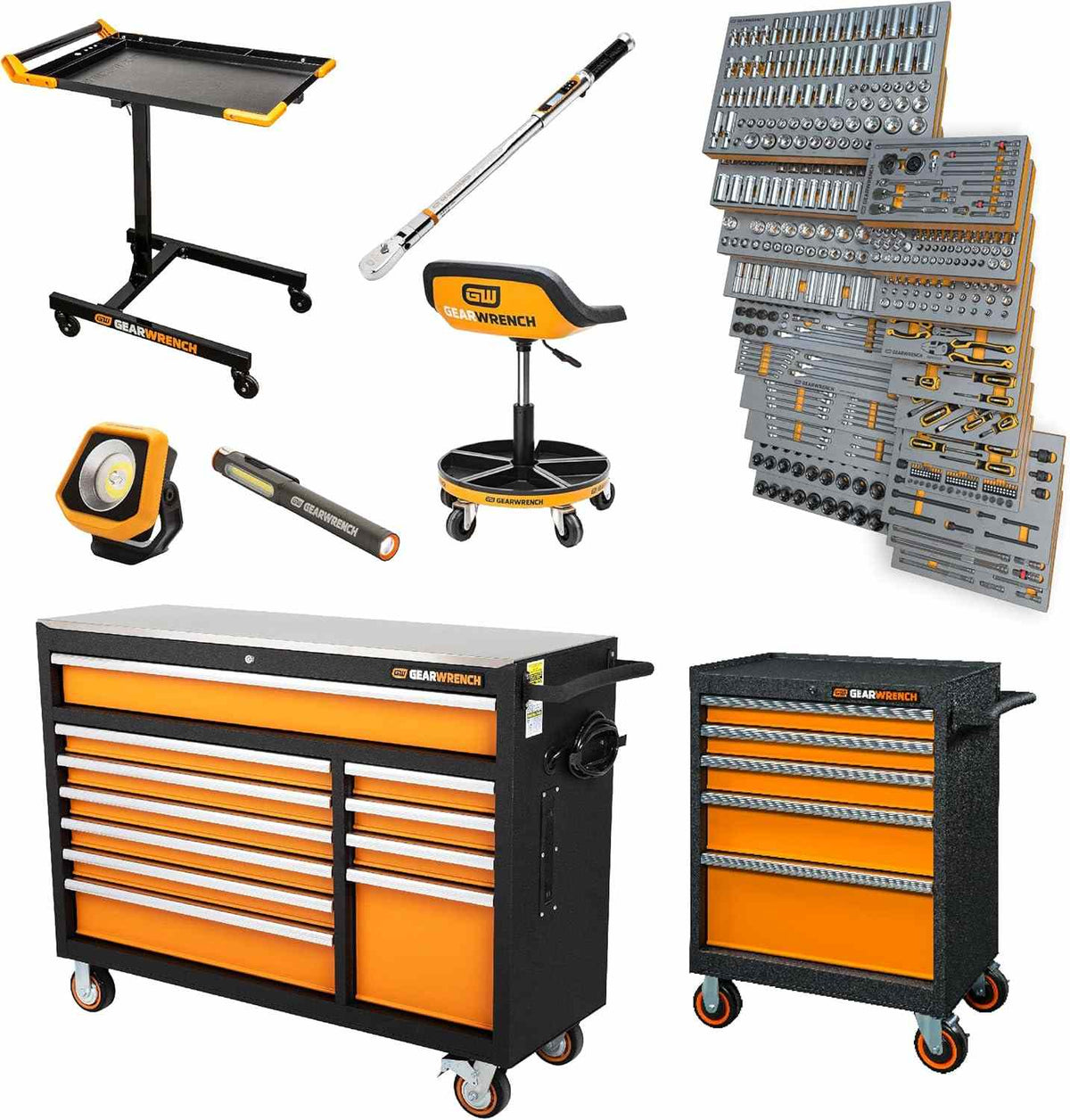 GearWrench MEGAMOD1024 tool system display featuring mobile utility cart, torque wrench, mechanic’s stool, socket trays, inspection lights, and two rolling cabinets in a complete workshop configuration