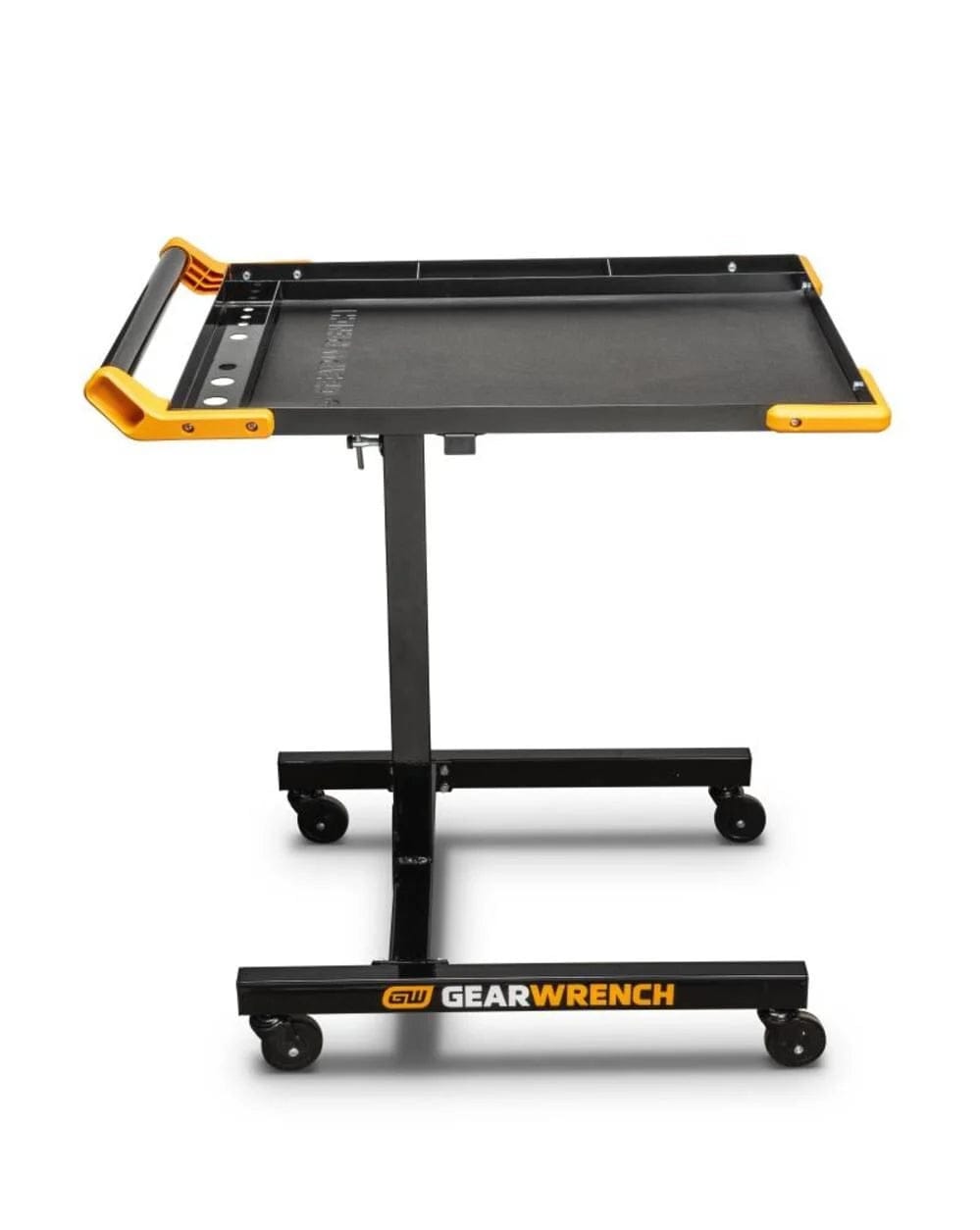 GearWrench mobile work table with raised edges, yellow corner guards, and caster wheels, designed for portable tool access in garage or shop settings.
