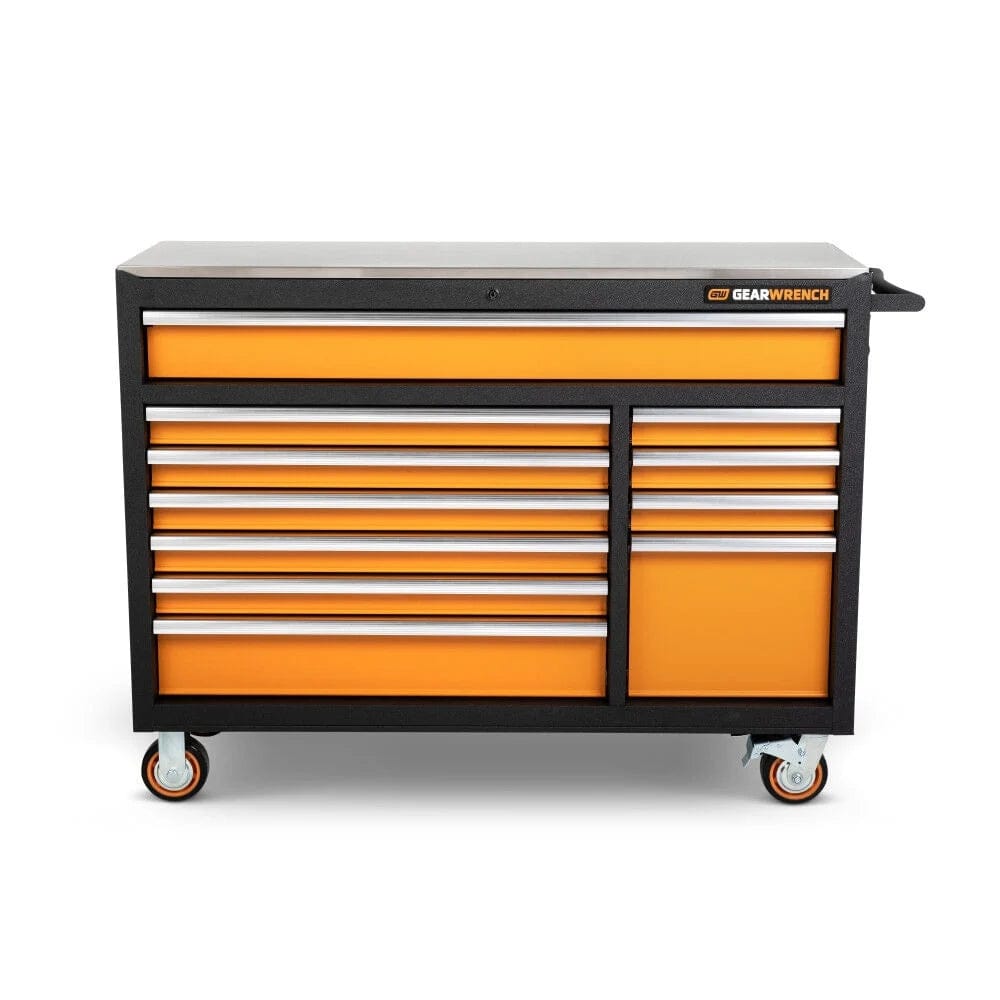 GearWrench 11-drawer rolling tool chest in orange and black with silver handles, mounted on caster wheels and designed for organized tool storage.