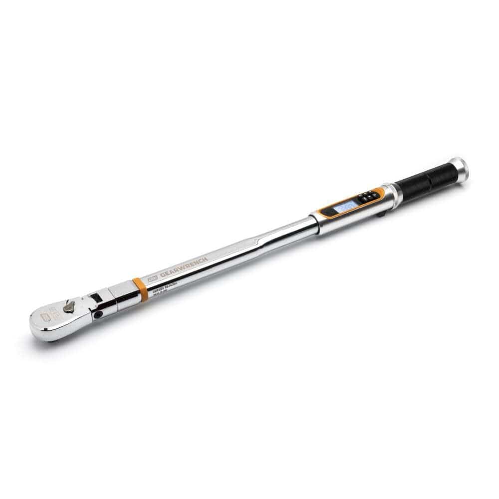 GearWrench digital torque wrench with ergonomic handle and ratcheting head, featuring a digital display for precise torque settings.