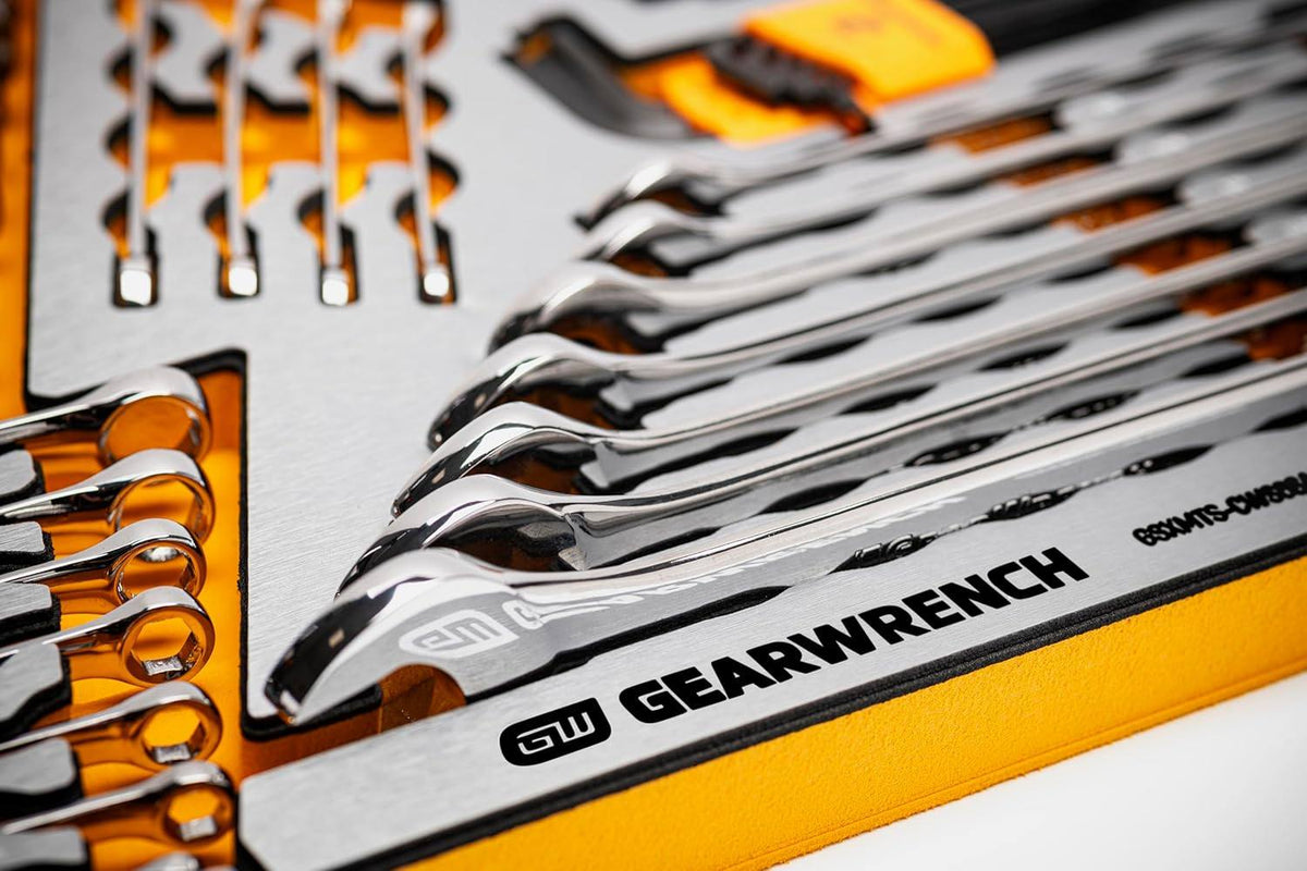 Close-up of GearWrench combination wrench set labeled 855XTS-CW0820, arranged in orange and gray foam tray with polished chrome wrenches organized by size.