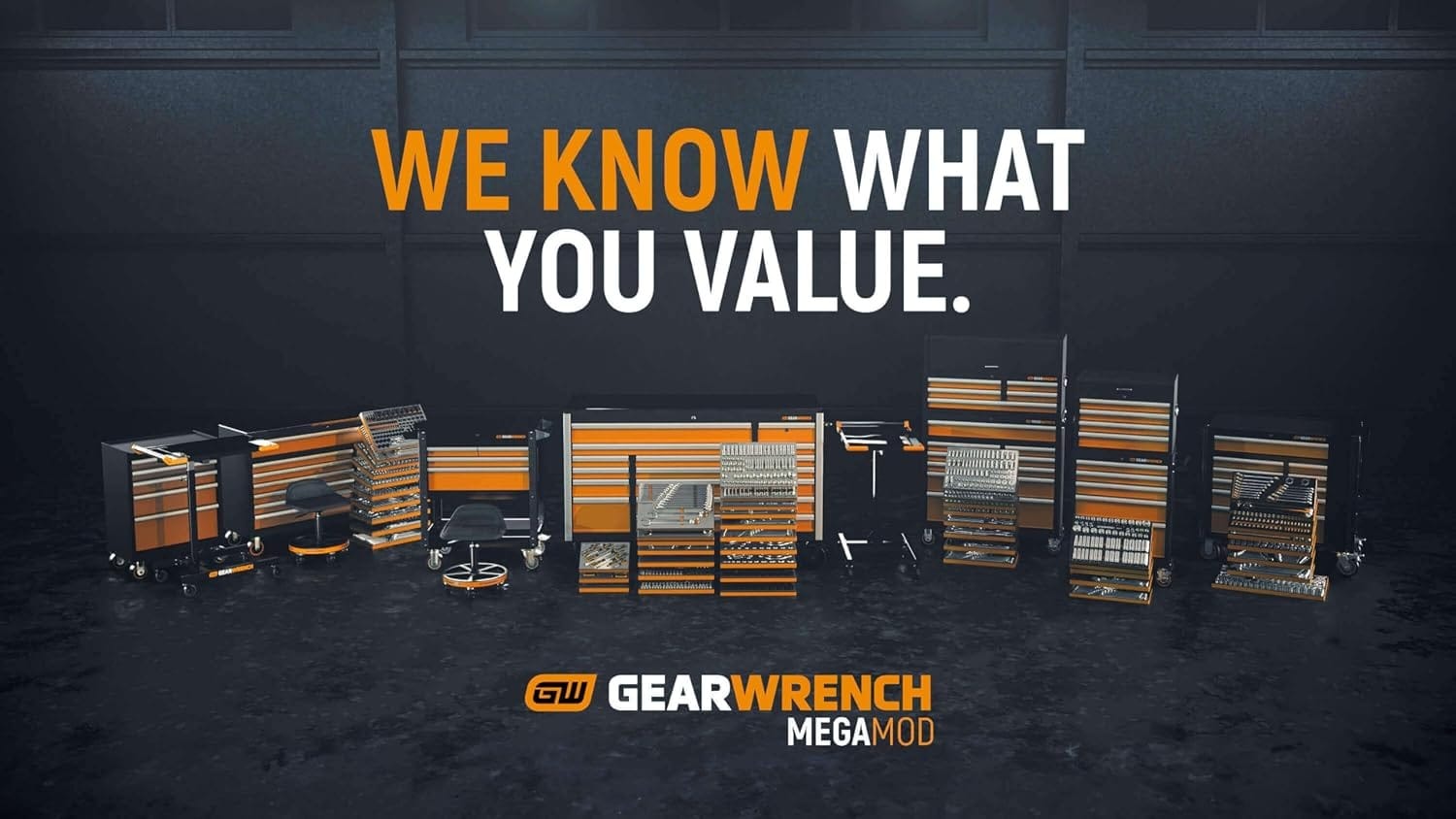 Promotional image of GearWrench MEGAMOD tool system in industrial setting with multiple tool chests, stools, and organized trays, featuring brand slogan “WE KNOW WHAT YOU VALUE.”