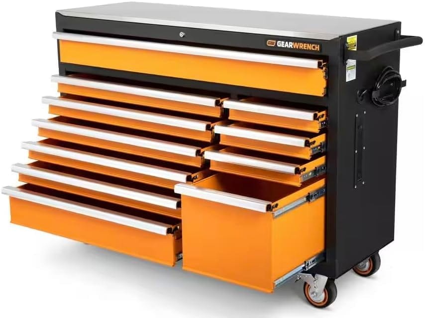 GearWrench heavy-duty rolling tool cabinet with black frame and orange drawers, shown with open compartments and caster wheels, designed for organized tool storage and mobility in workshop settings.