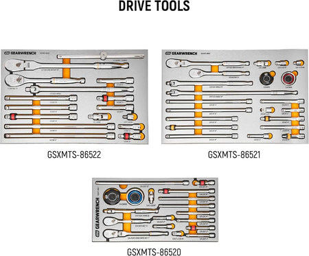 Three GearWrench drive tool trays labeled GSXMTS-86522, GSXMTS-86521, and GSXMTS-86520, featuring ratchets, flex handles, extension bars, and universal joints in 1/2", 3/8", and 1/4" drive sizes.