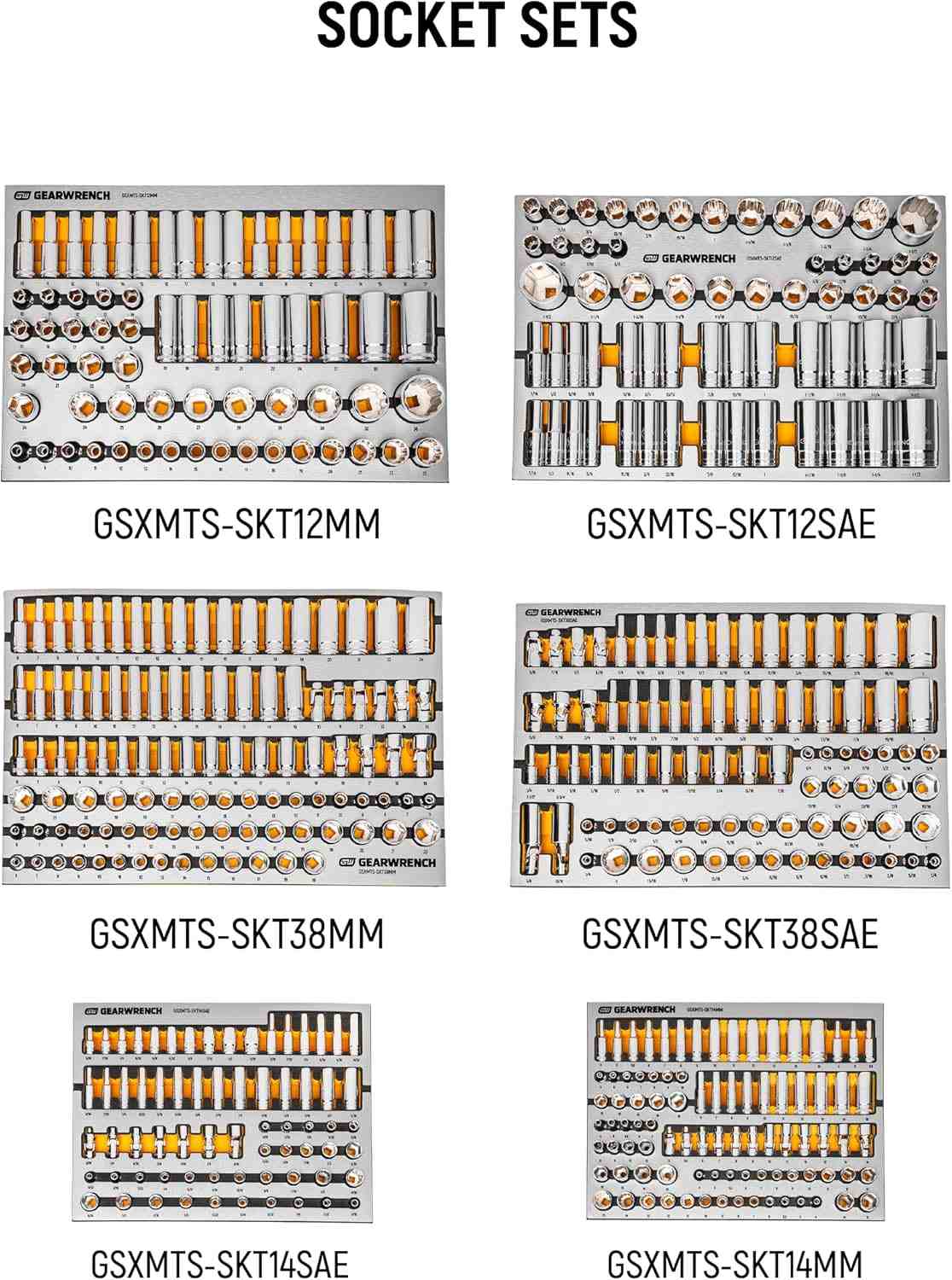 Six GearWrench socket sets arranged in a grid layout under the heading "SOCKET SETS," labeled by model number and measurement system, including SAE and metric options in 1/4", 3/8", and 1/2" drive sizes.