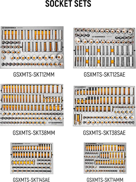 Six GearWrench socket sets arranged in a grid layout under the heading "SOCKET SETS," labeled by model number and measurement system, including SAE and metric options in 1/4", 3/8", and 1/2" drive sizes.