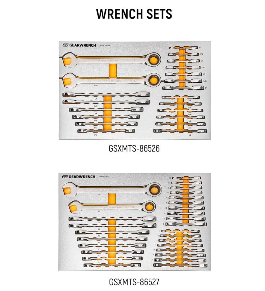 Two GearWrench wrench sets in metal trays labeled GSXMTS-86526 and GSXMTS-86527, featuring fractional and metric wrenches organized by size with two large wrenches placed horizontally in the center.
